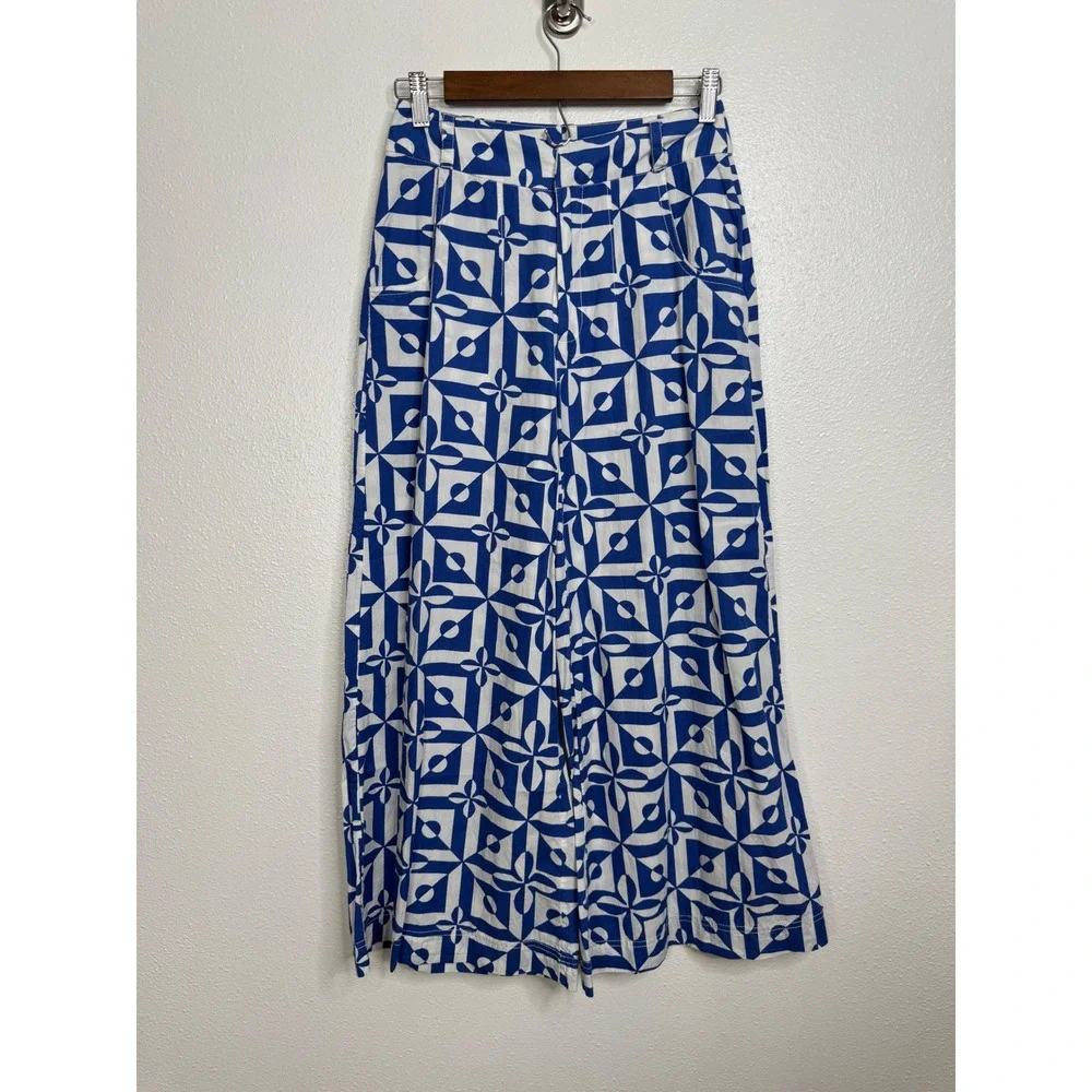 Free People‎ Blue White Geometric Tile Print Wide Leg Pants Women Size 0 Cotton